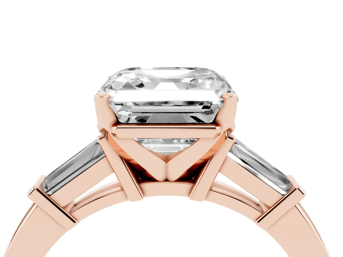 Asscher Cut Cut Diamond Solitaire Ring with Tapered Baguette Accents and Four-Prong Setting Rose gold
