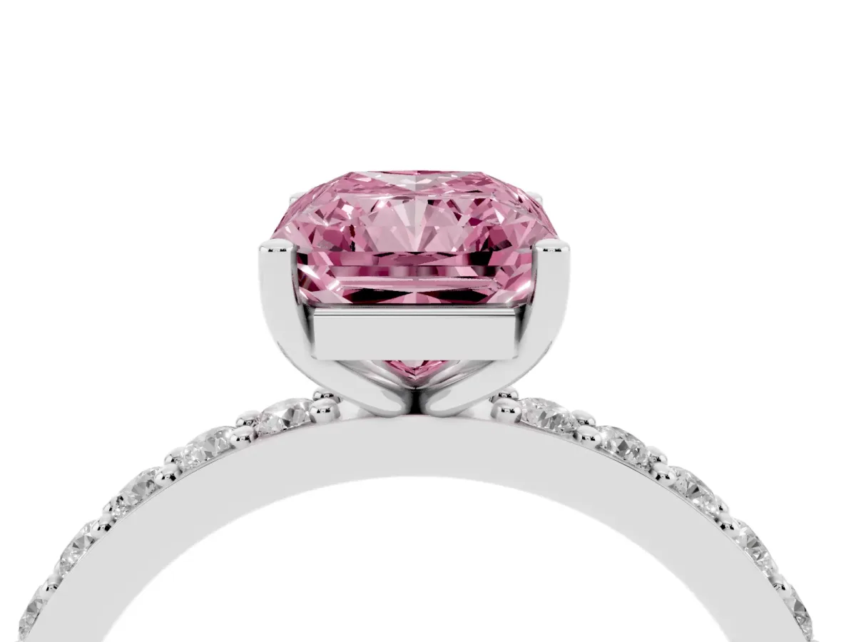 Fancy Pink Radiant Cut Cut Diamond Solitaire with Pave Band and Four-Prong Setting Platinum