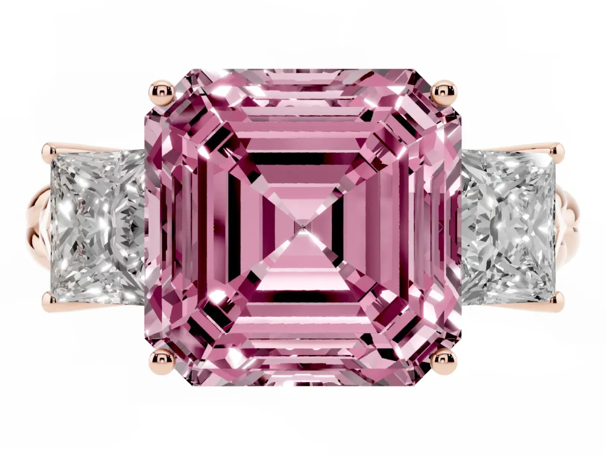 Fancy Pink Three-Stone Asscher Cut Diamond Braided Band Ring with Four-Prong Setting Rose gold