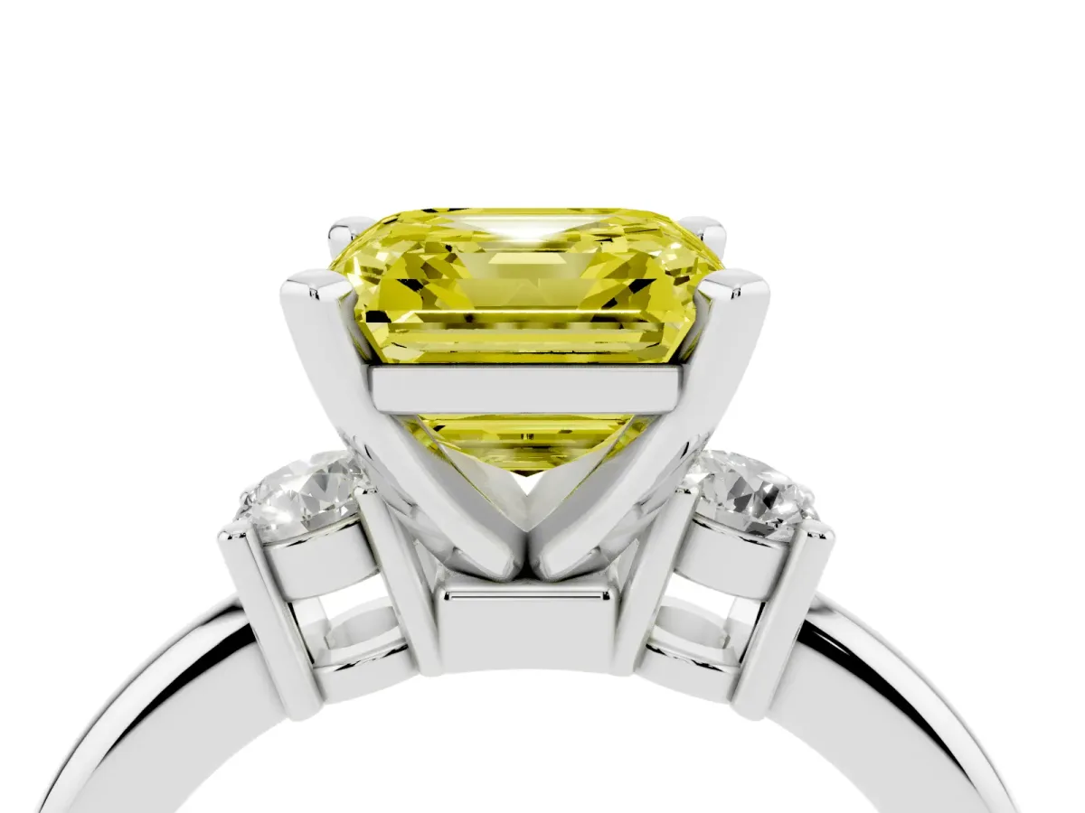 Fancy Yellow Three-Stone Asscher Cut Cut Diamond Solitaire with Prong Setting and Classic Band Silver