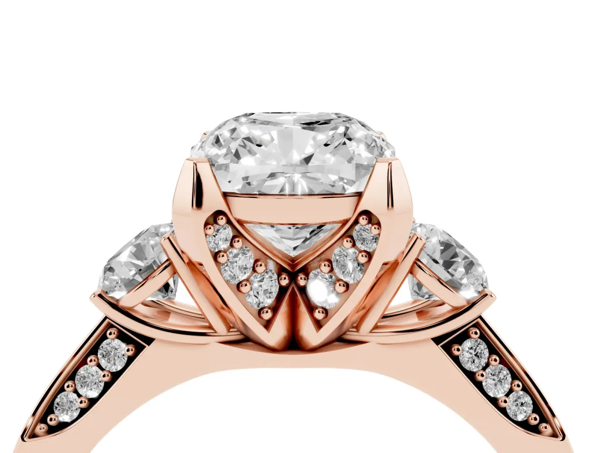 Cushion Cut Brilliant Three-Stone Diamond Ring with Pavé Band and Four-Prong Setting Rose gold