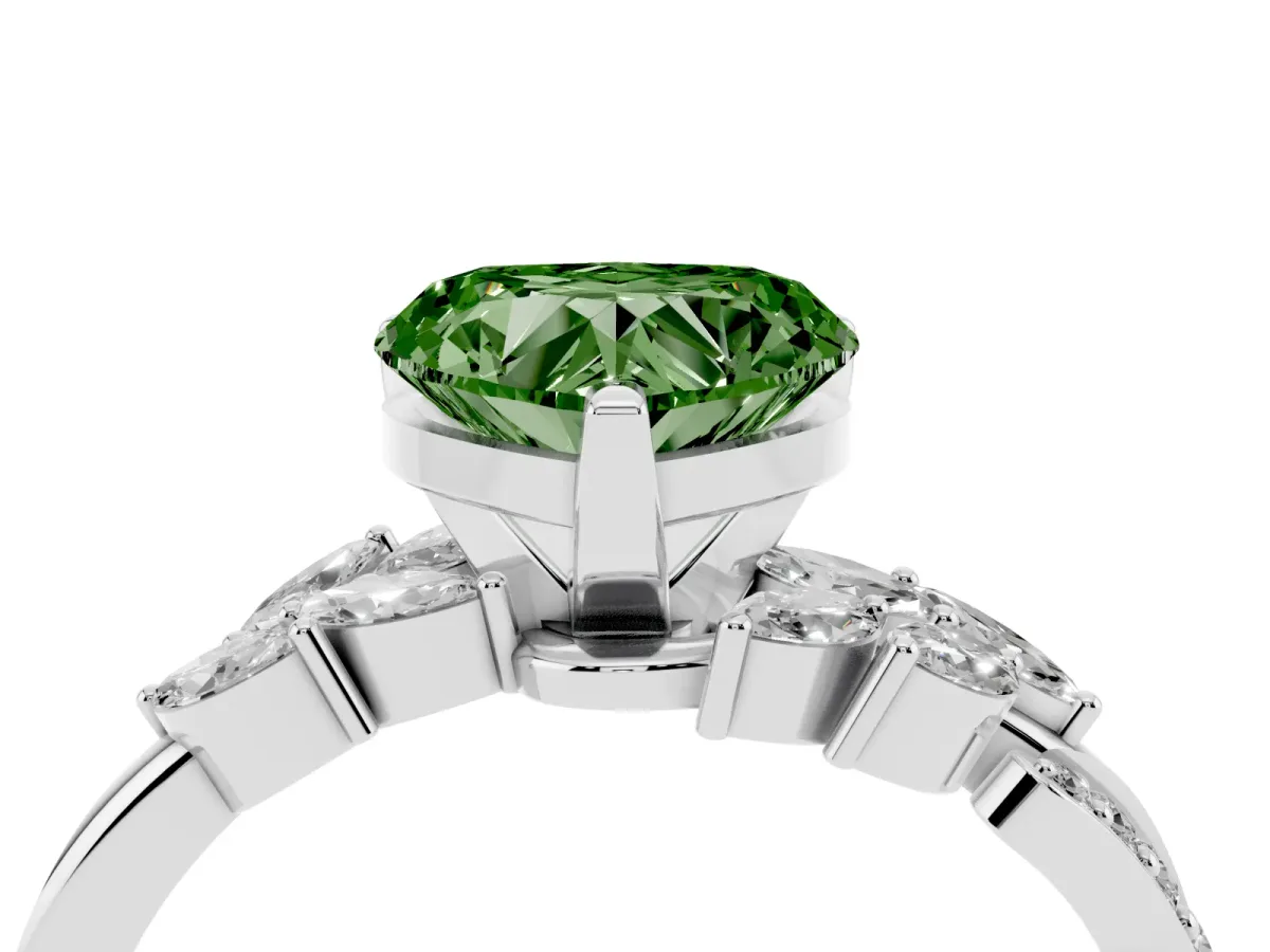 Fancy Green Heart Cut Solitaire Marquise Twist Band with Six-Prong Setting Silver