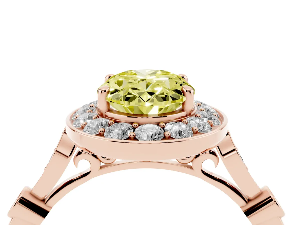 Fancy Yellow Oval Cut Halo Diamond Engagement Ring with Twisted Band and Four-Prong Setting Rose gold