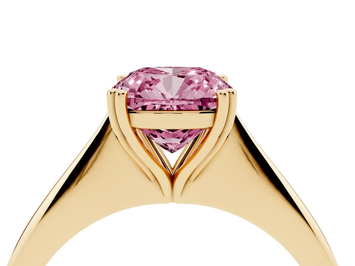 Fancy Pink Cushion Cut Solitaire Diamond Ring with Six-Prong Setting and Classic Band Yellow gold