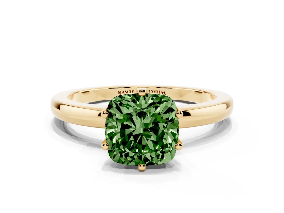 Fancy Green Cushion Cut Solitaire Diamond Ring with Six-Prong Setting on a Classic Band Yellow gold