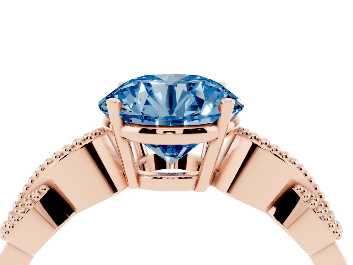 Fancy Blue Round Cut Solitaire Milgrain Leaf Band with Prong Setting Rose gold