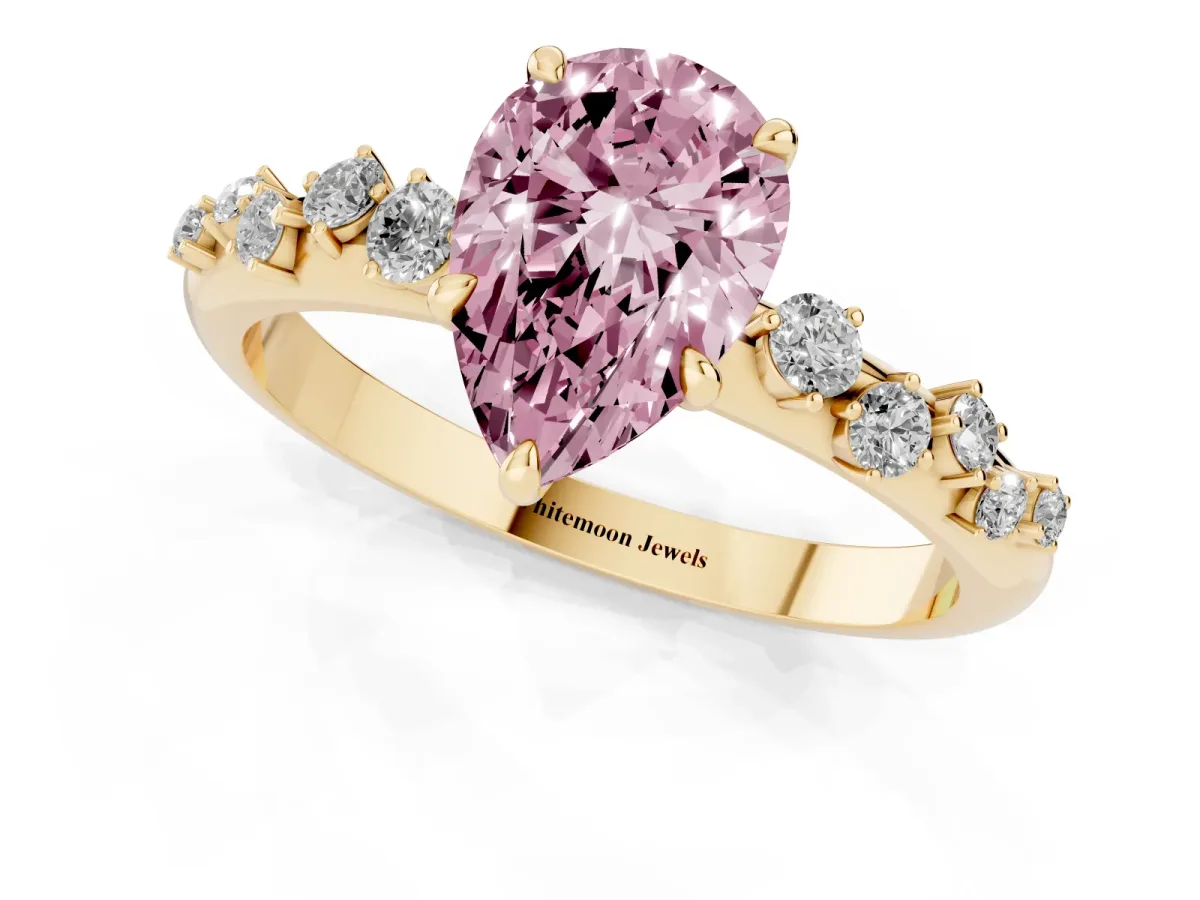 Fancy Pink Pear Cut Diamond Cluster Prong-Set Solitaire Ring Yellow gold