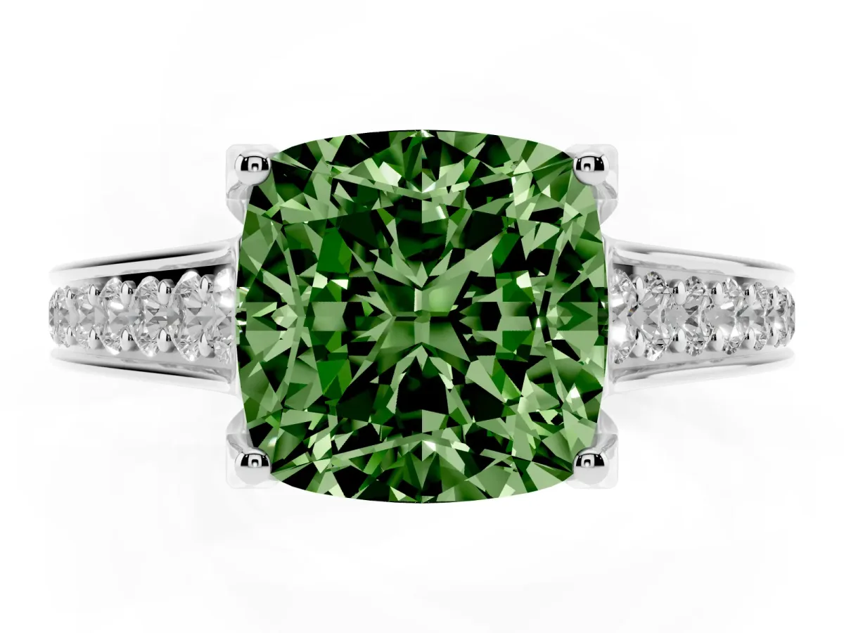 Fancy Green Cushion Cut Brilliant Cut Diamond Engagement Ring with Pavé Band and Four-Prong Setting Platinum