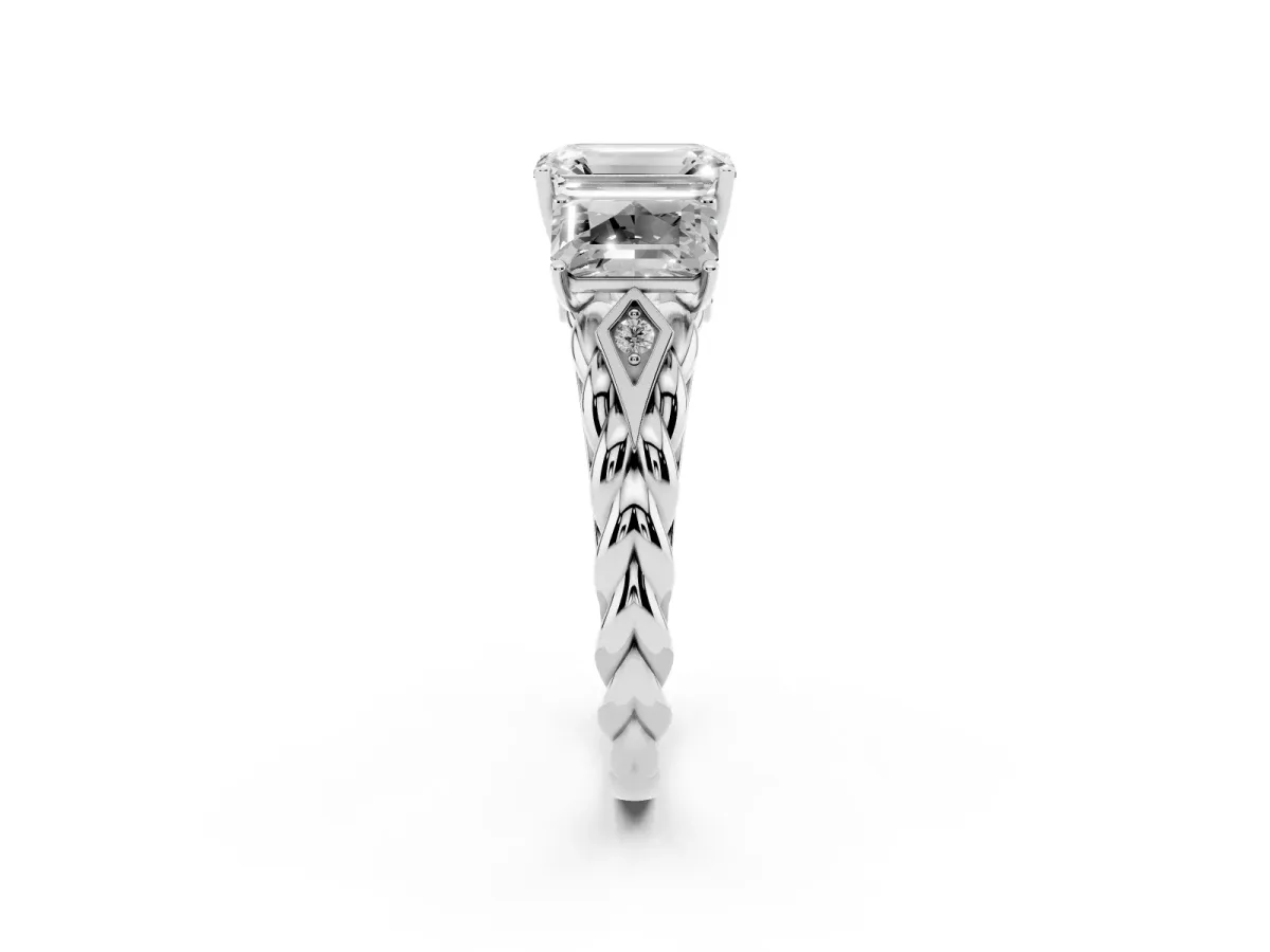 Three-Stone Emerald Cut Diamond Braided Band Ring with Four-Prong Setting Platinum
