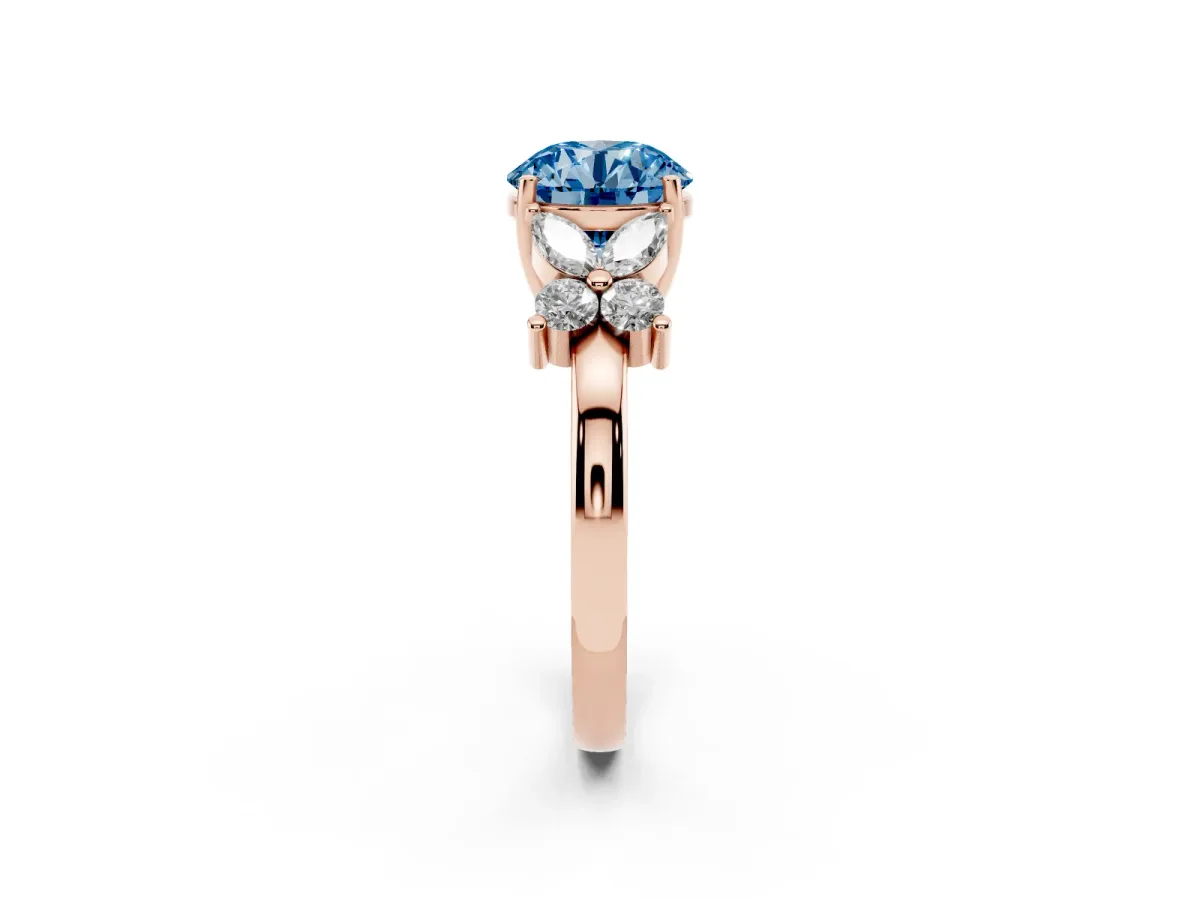 Fancy Blue Round Cut Diamond Floral Cluster Ring with Solitaire Band and Prong Setting Rose gold