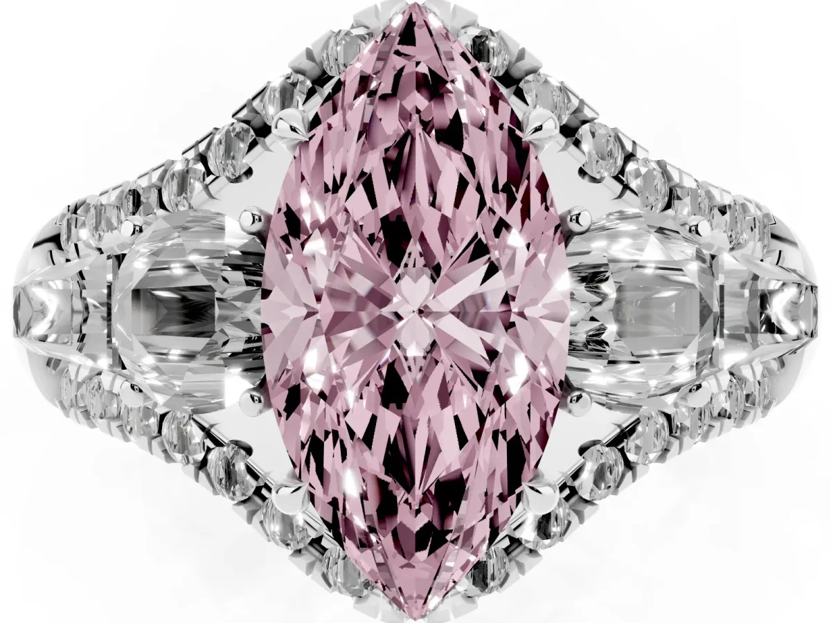 Fancy Pink Three-Stone Marquise Cut Diamond Engagement Ring with Pave Band and Prong Setting Silver
