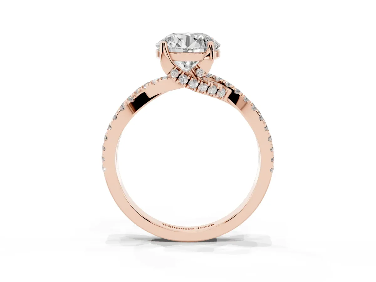 Round Cut Solitaire Twist Pave Diamond Engagement Ring with Prong Setting Rose gold