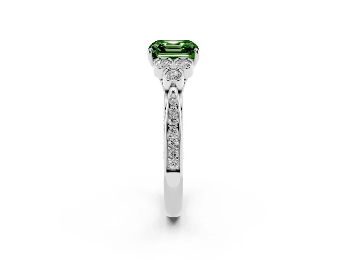 Fancy Green Asscher Cut Cut Diamond Engagement Ring with Bezel Set Round Side Stones and Prong Setting Platinum