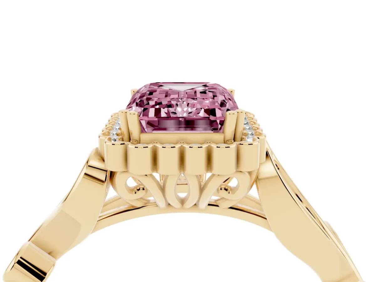 Fancy Pink Emerald Cut Diamond Halo Ring with Vintage Split Shank and Four-Prong Setting Yellow gold