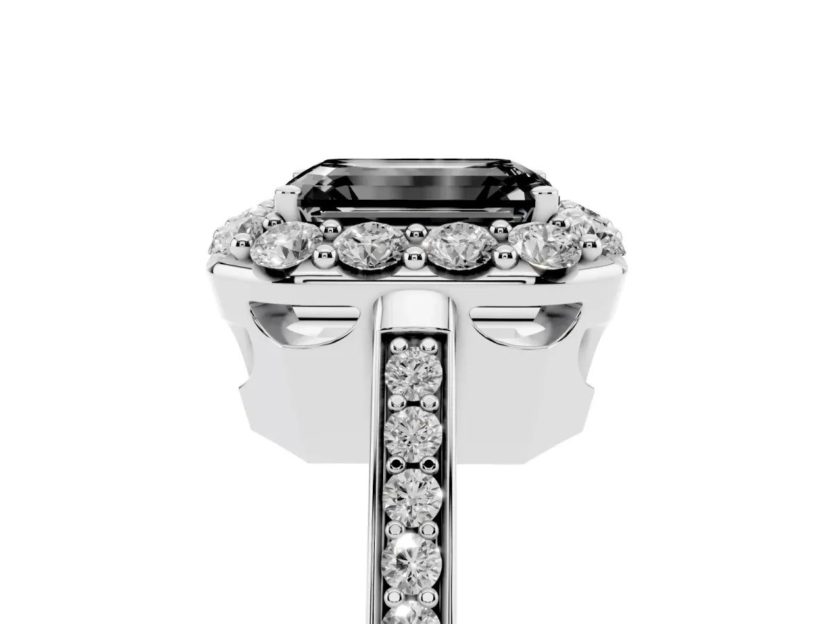 Fancy Black Emerald Cut Diamond Floral Halo Ring with Pavé Band and Prong Setting White gold