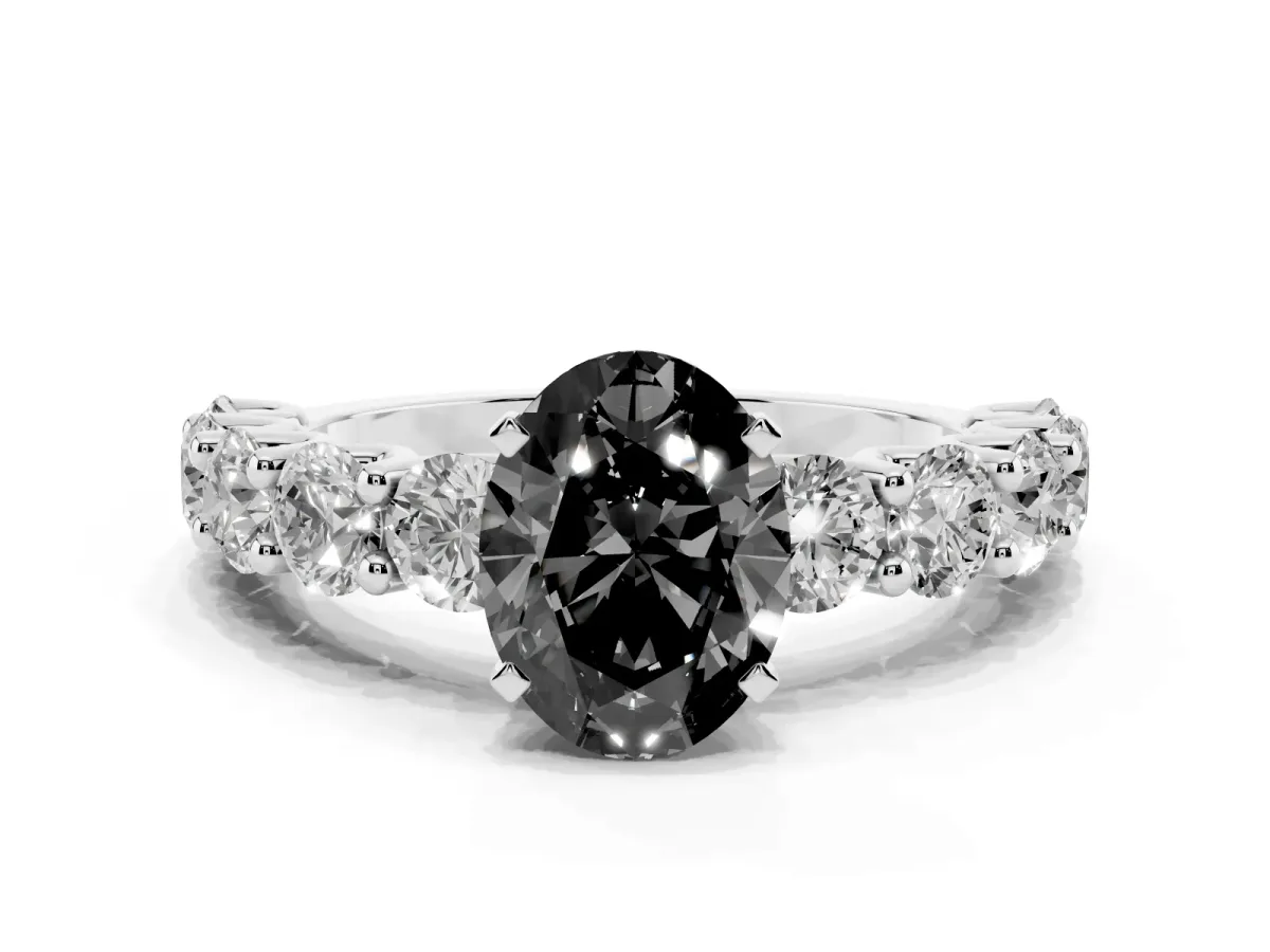 Fancy Black Oval Cut Diamond Prong Setting with Side Stones on a Pave Band Silver