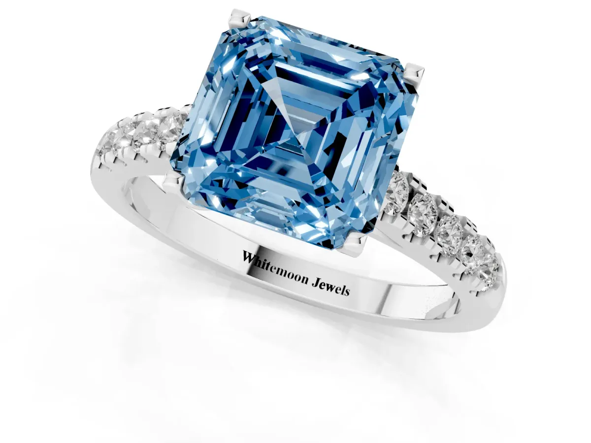 Fancy Blue Asscher Cut Diamond Pavé Band Solitaire Ring with Prong Setting Silver