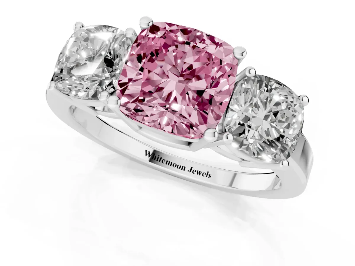 Fancy Pink Three-Stone Cushion Cut Cut Diamond Engagement Ring with Flat Band and Four-Prong Setting Silver