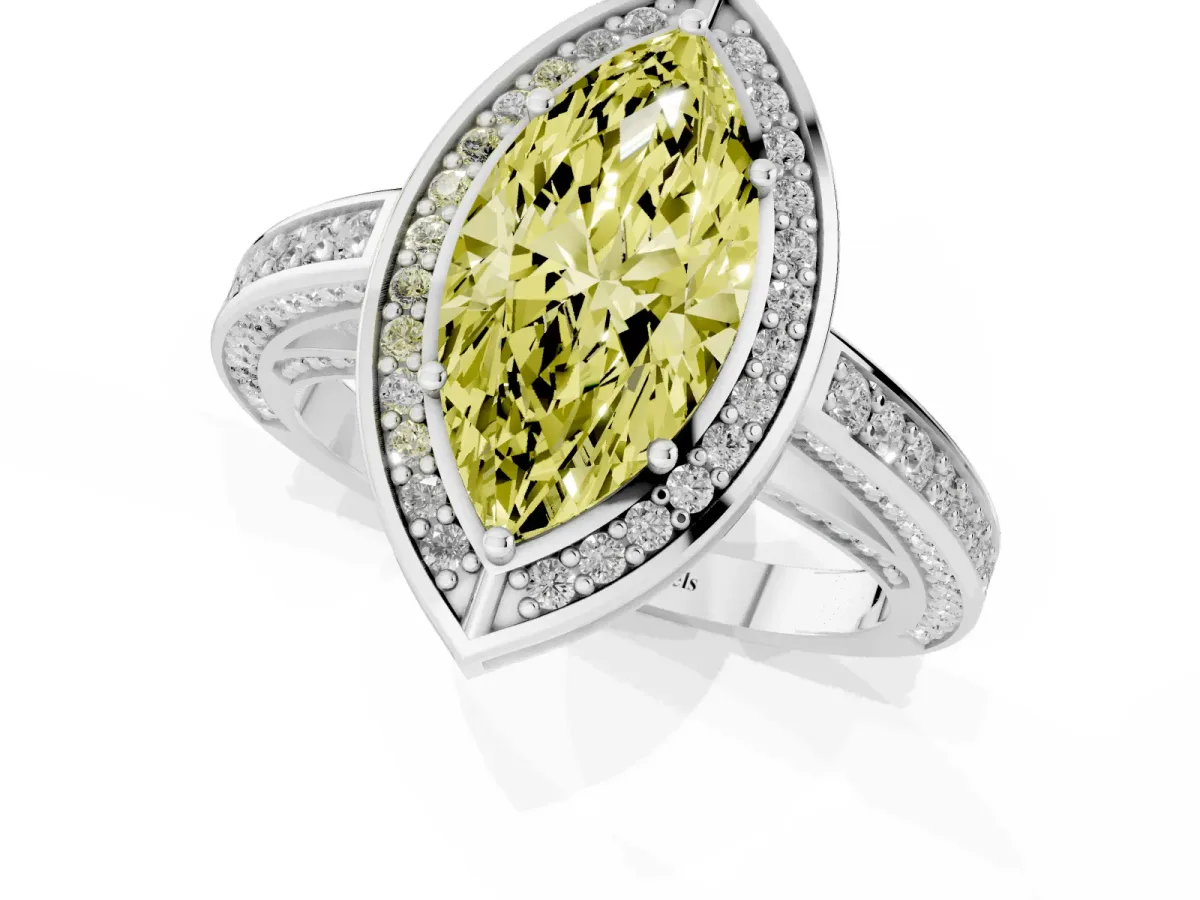 Fancy Yellow Marquise Cut Cut Halo Pave Split Shank Prong Setting Ring Platinum