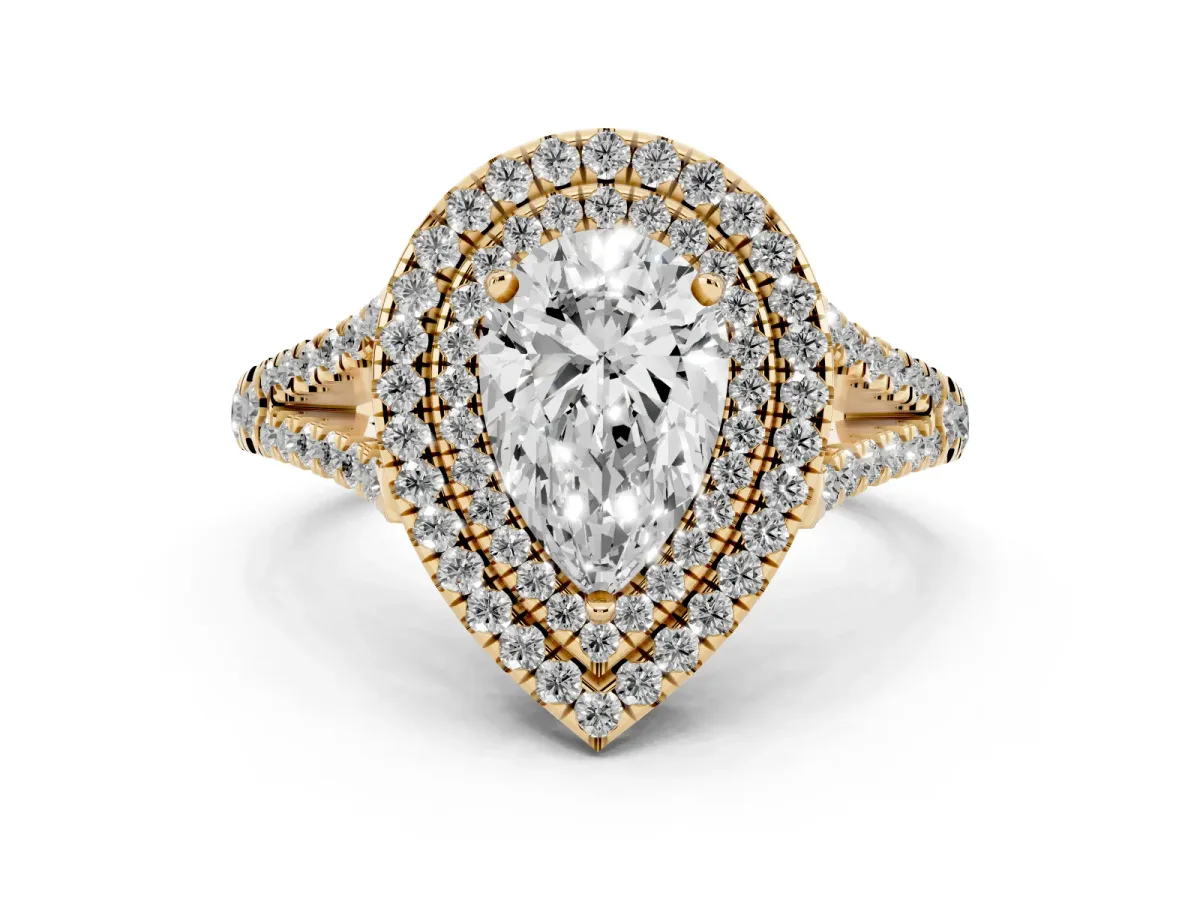 Pear Cut Diamond Double Halo Ring with Pavé Band and Prong Setting Yellow gold