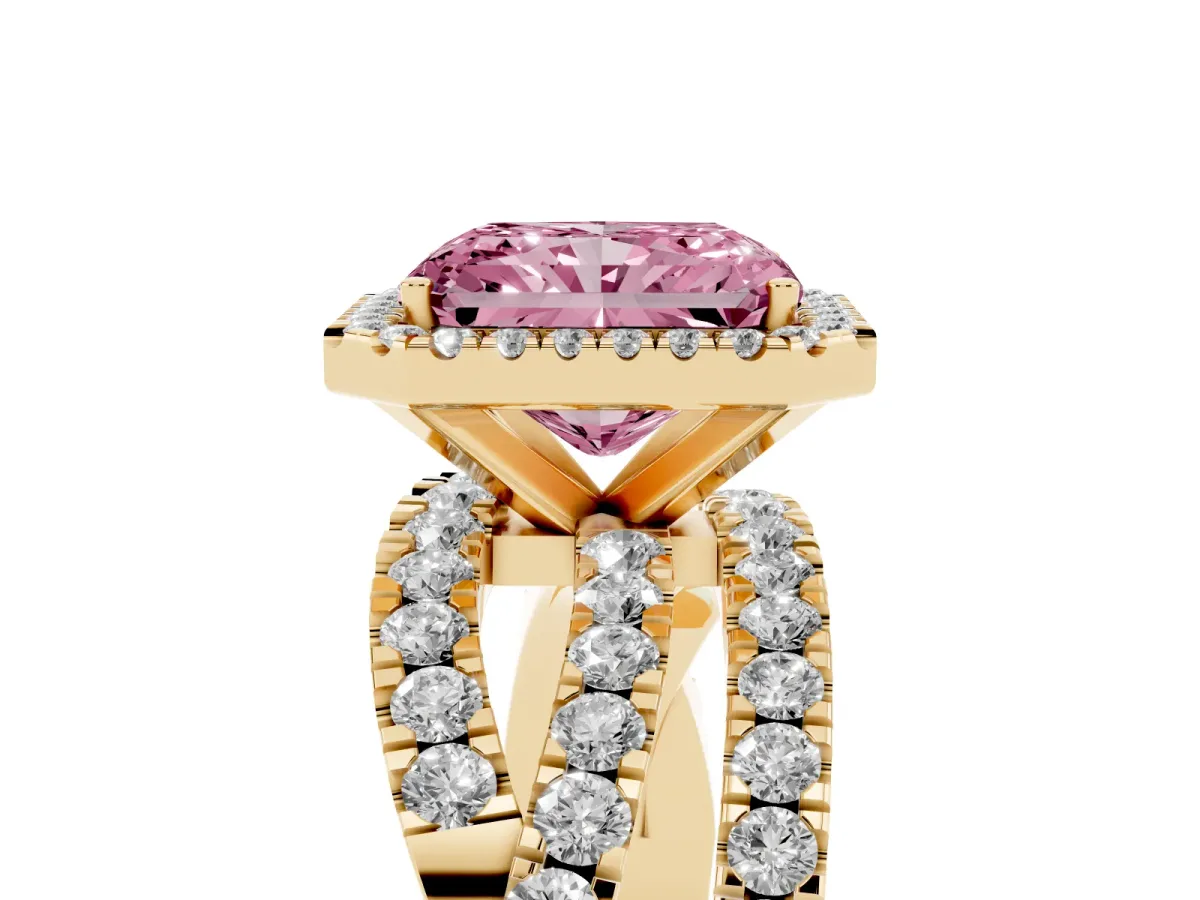 Fancy Pink Radiant Cut Diamond Halo Ring with Round Split Shank and Prong Setting Yellow gold