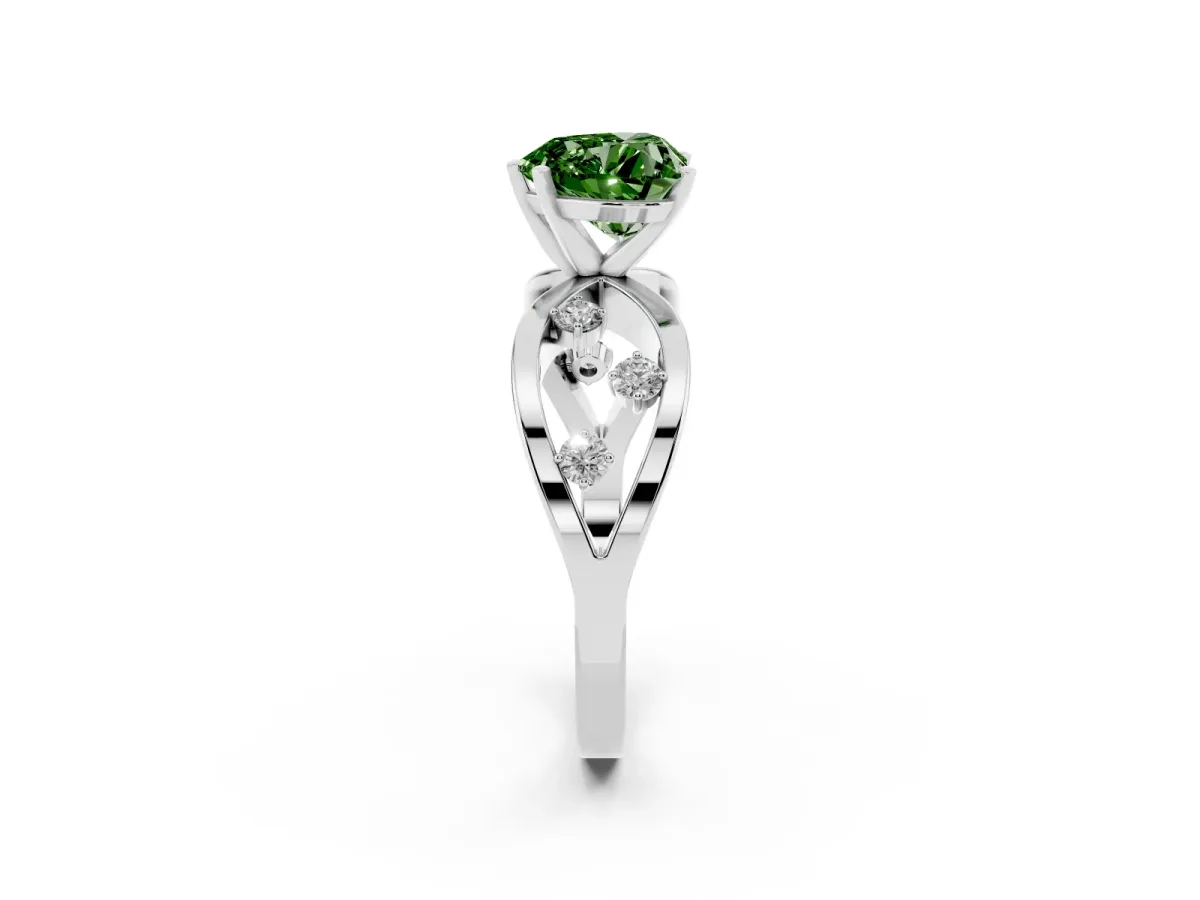 Fancy Green Heart Cut Cut Solitaire Diamond with Side Stones on Criss-Cross Band and Four-Prong Setting Platinum