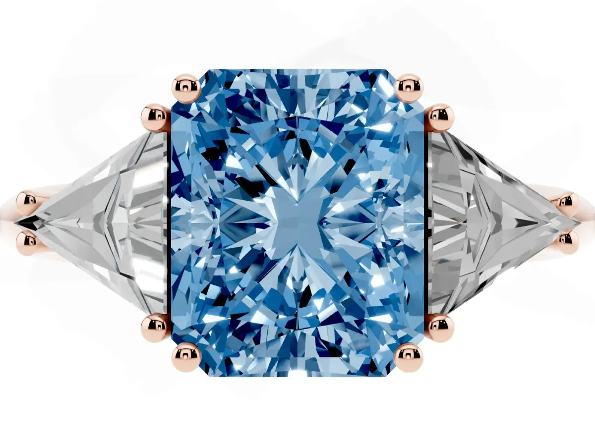Fancy Blue Three-Stone Radiant Cut Diamond Engagement Ring with Trillion Side Stones and Prong Setting Rose gold