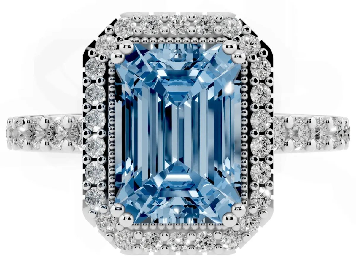 Fancy Blue Emerald Cut Cut Diamond Halo Engagement Ring with Milgrain Detail and Pavé Band White gold