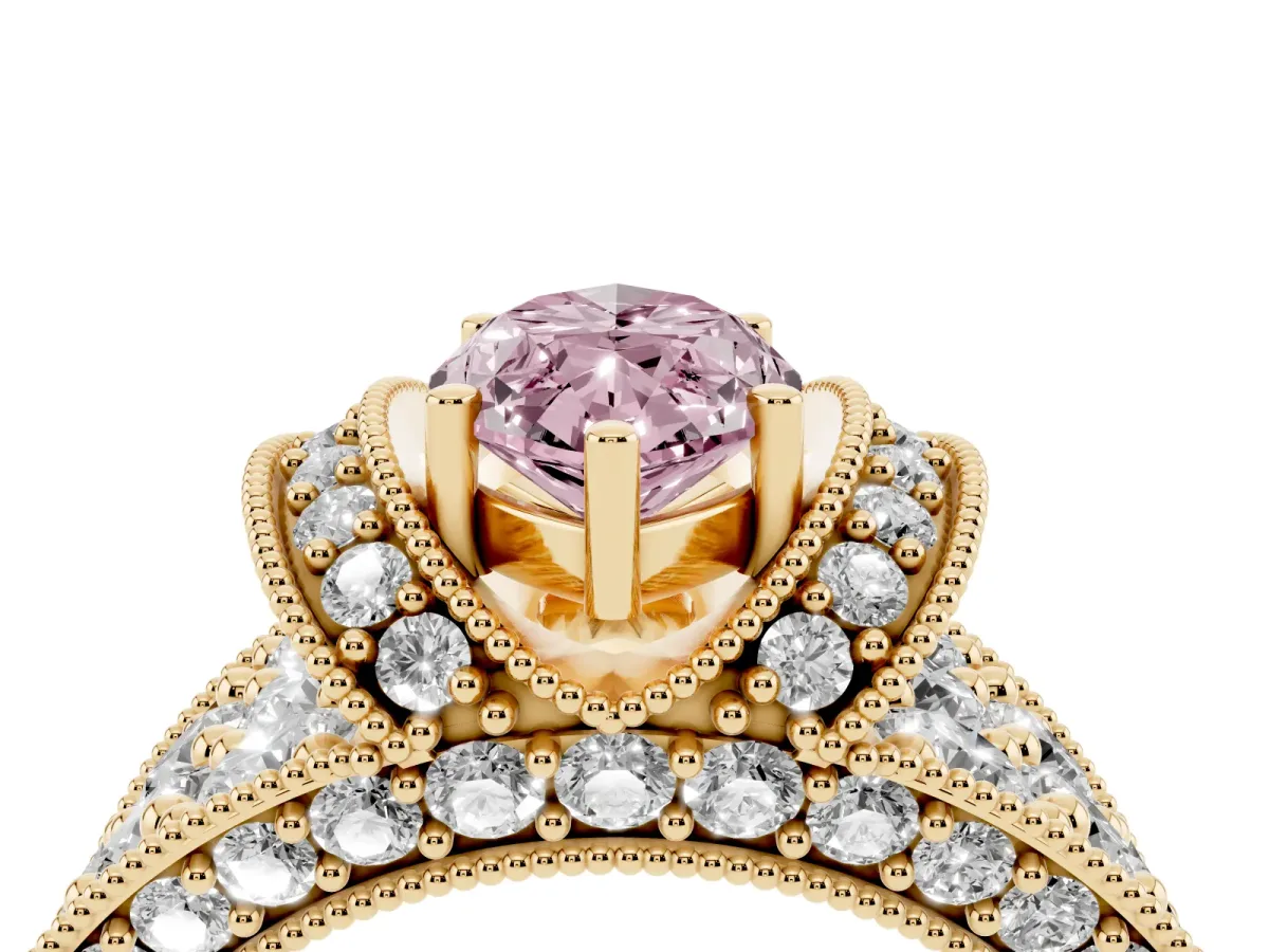 Fancy Pink Marquise Cut Halo Pave Diamond Engagement Ring with Milgrain Detailing Yellow gold