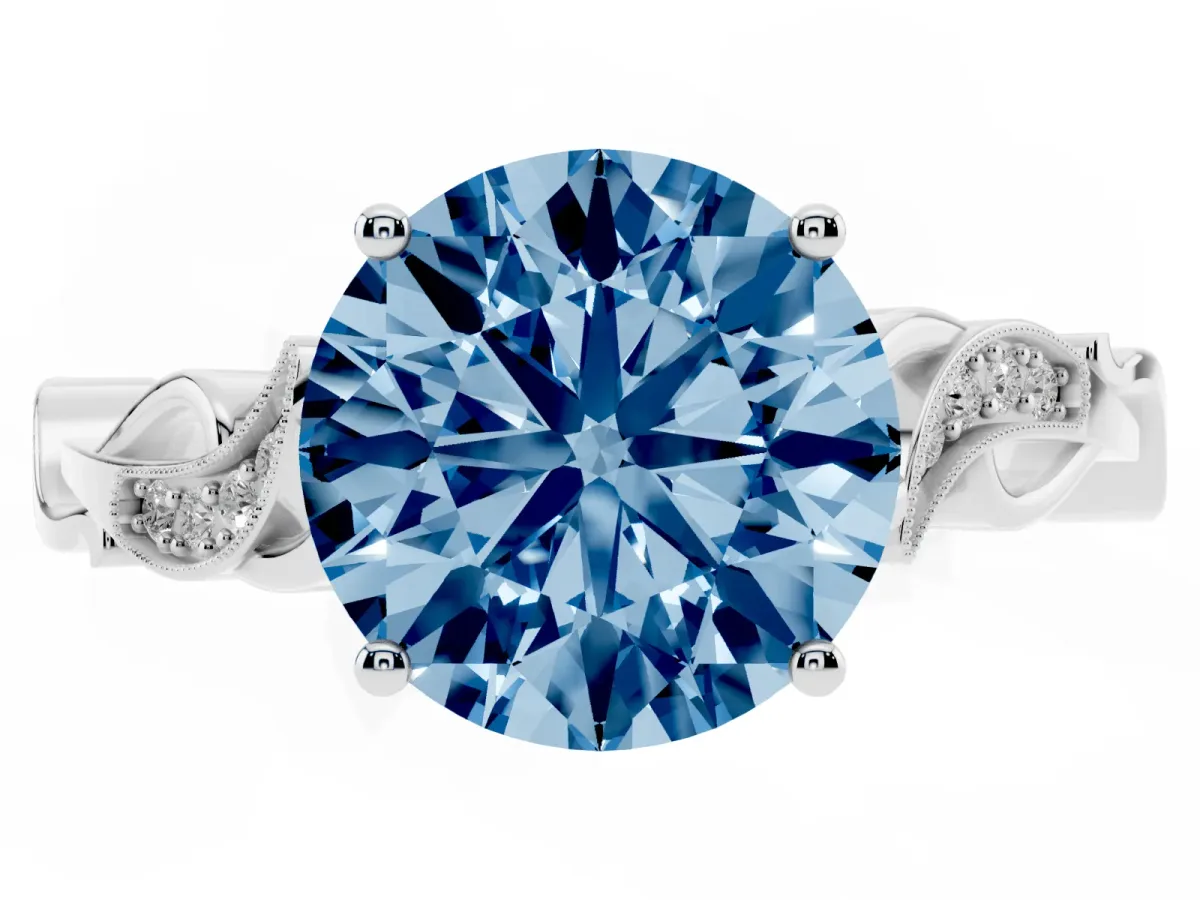 Fancy Blue Round Cut Solitaire Vine Band with Milgrain Prong Setting Platinum