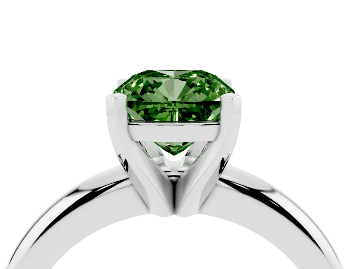 Fancy Green Cushion Cut Diamond Solitaire Engagement Ring with Round Band and Four-Prong Setting Silver