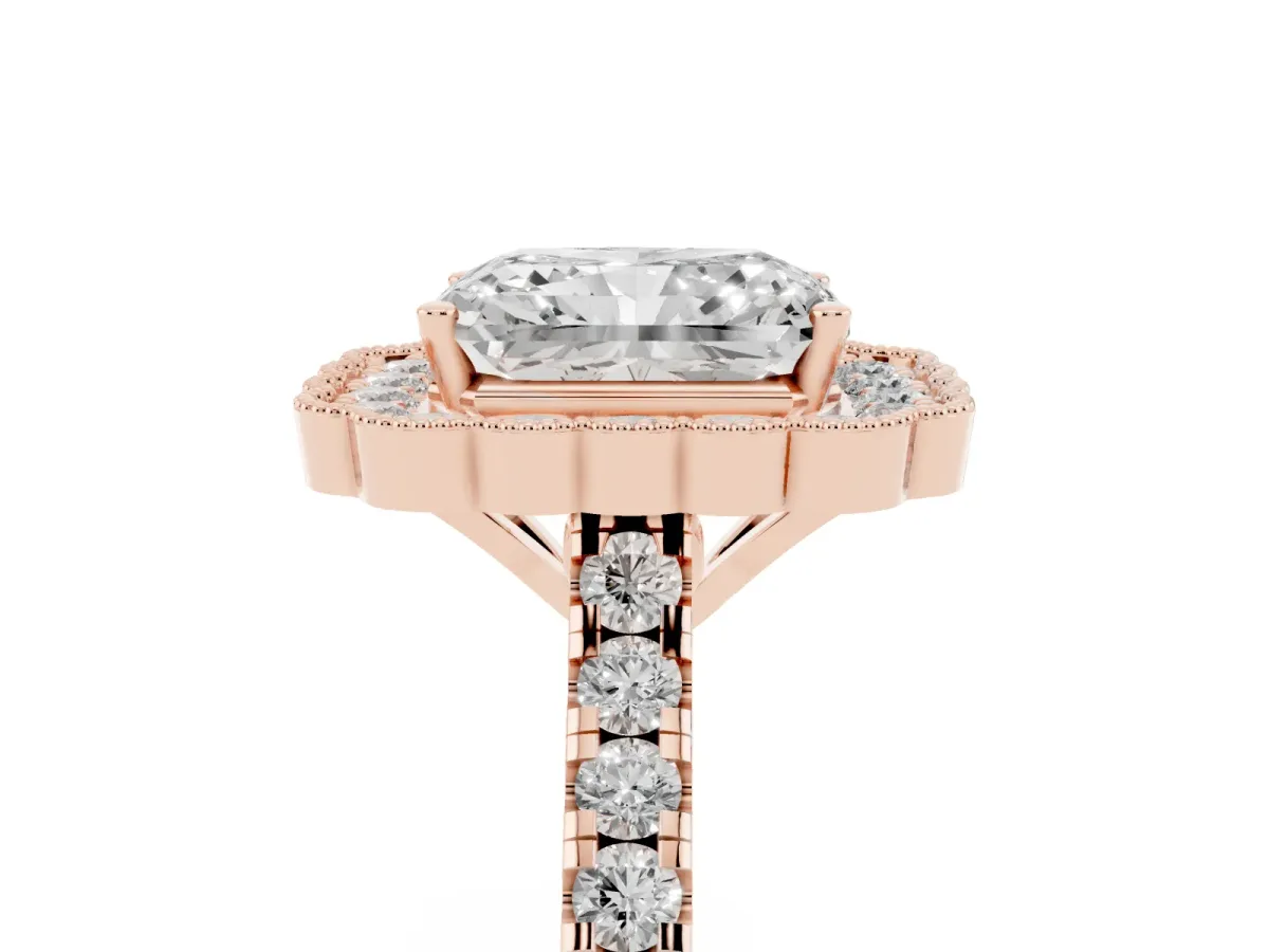 Radiant Cut Cut Diamond Milgrain Floral Halo Engagement Ring with Pavé Band Rose gold