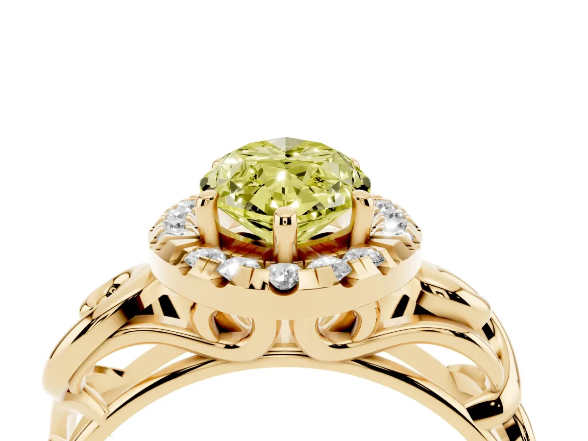 Fancy Yellow Marquise Cut Cut Halo Diamond Ring with Scrollwork Band and Four-Prong Setting Yellow gold