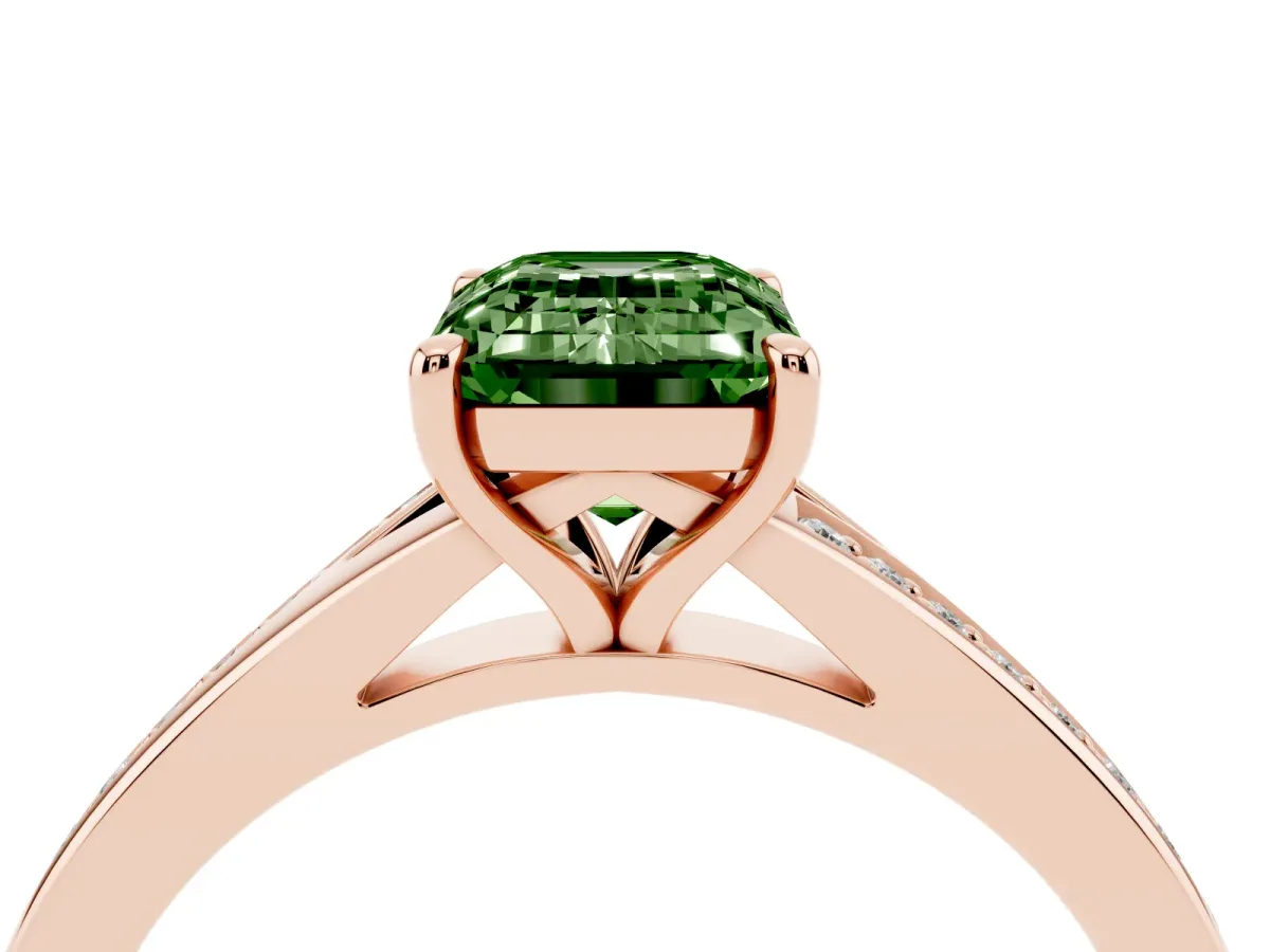Fancy Green Emerald Cut Diamond Solitaire Ring with Pavé Band and Prong Setting Rose gold