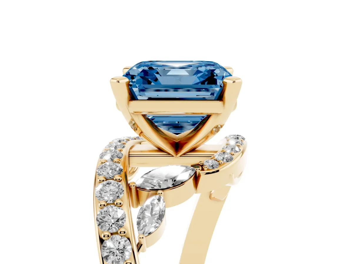 Fancy Blue Asscher Cut Solitaire with Pavé Twist Band and Four-Prong Setting Yellow gold