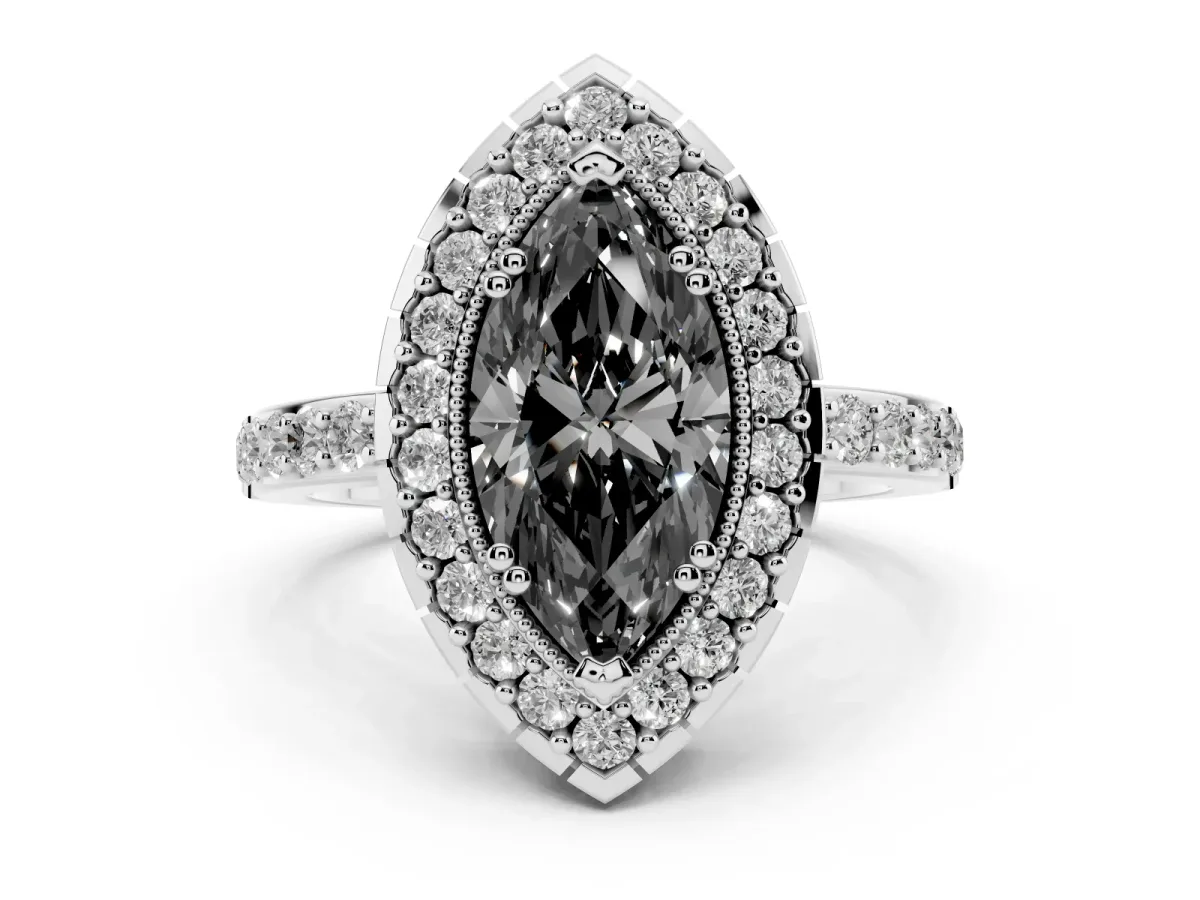 Fancy Black Marquise Cut Diamond Halo Ring with Pavé Band and Prong Setting Platinum