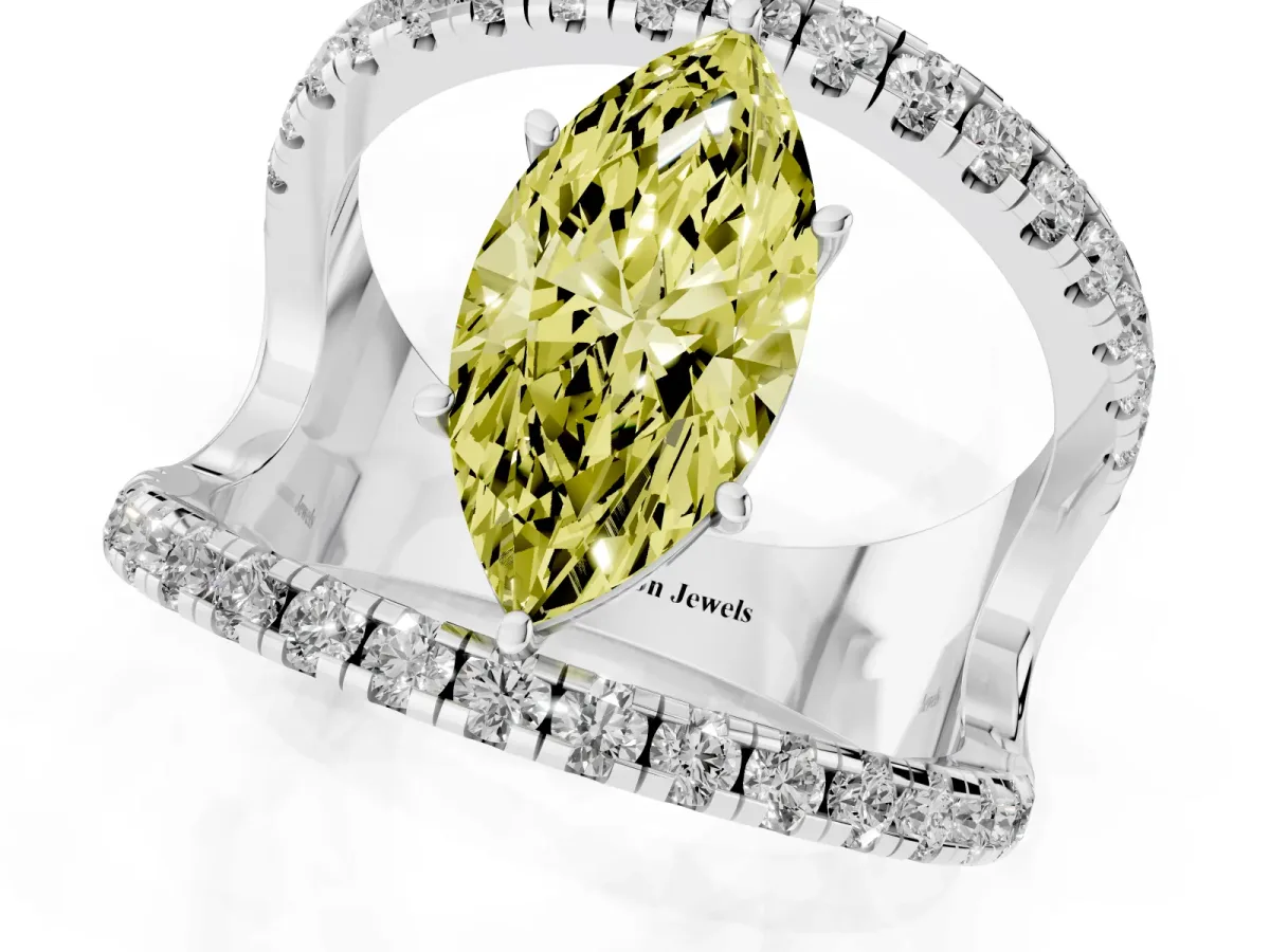 Fancy Yellow Marquise Cut Solitaire Split Shank Pave Diamond Ring Platinum