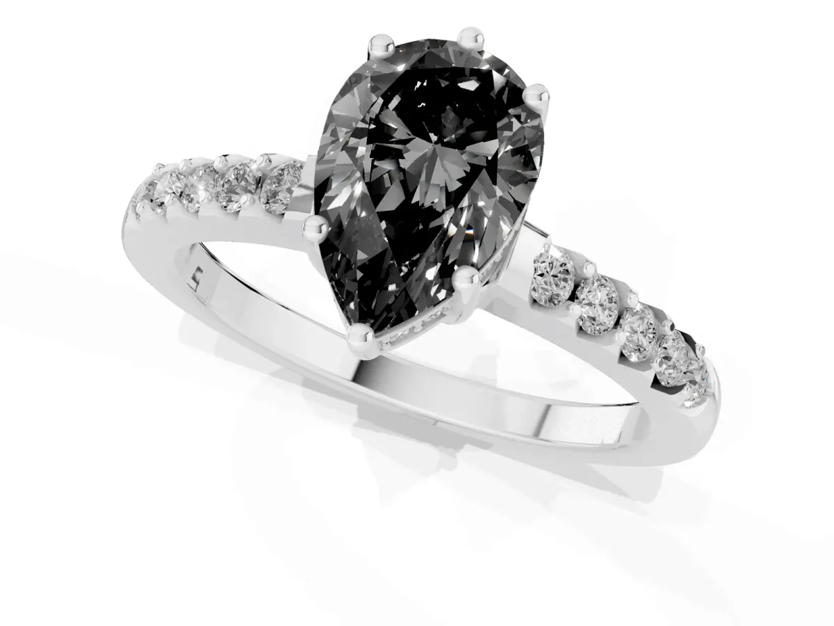 Fancy Black Pear Cut Solitaire Diamond Engagement Ring with Pavé Band and Six-Prong Setting Platinum