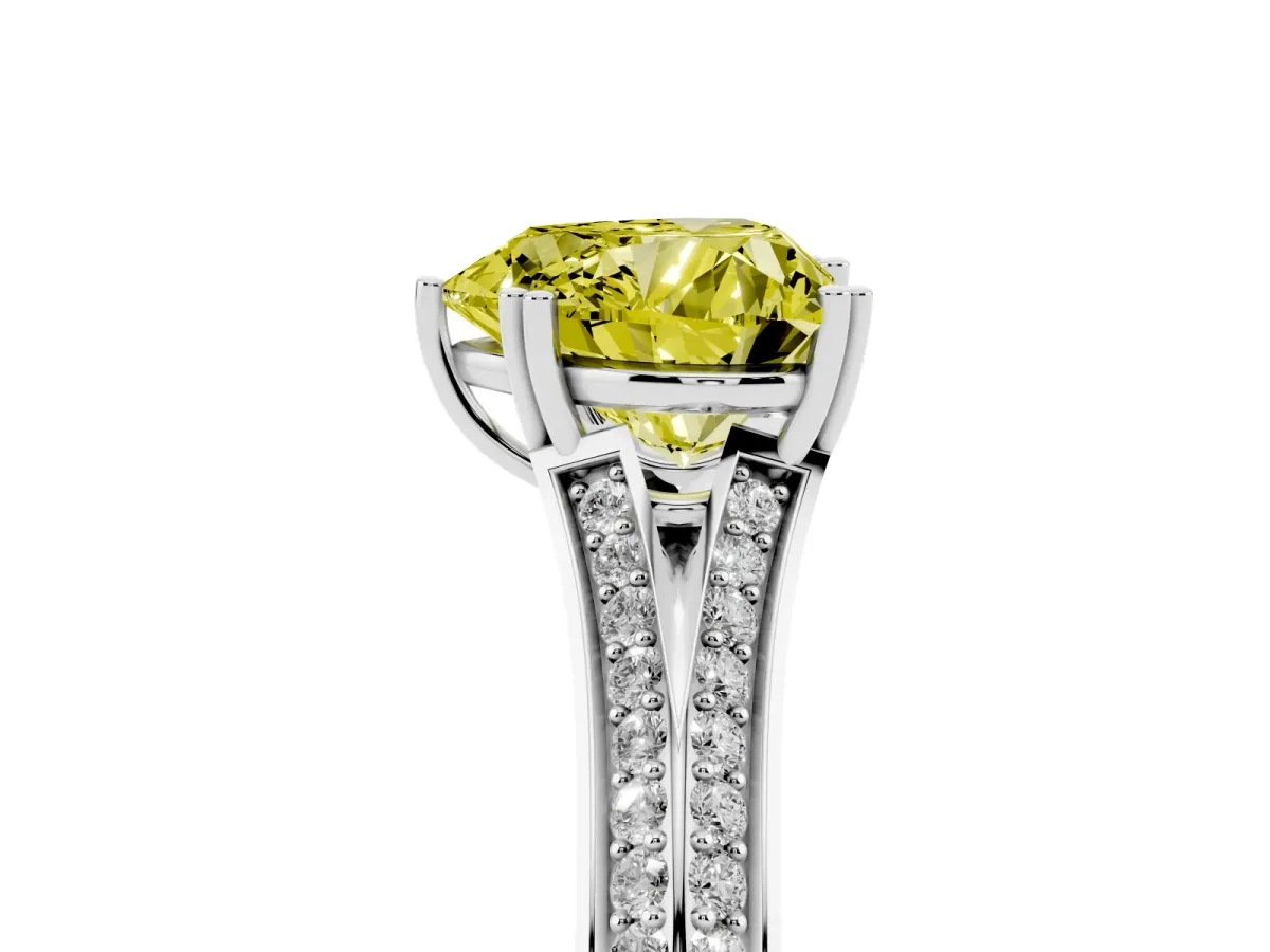 Fancy Yellow Heart Cut Diamond Split Shank Engagement Ring with Pavé Band Platinum