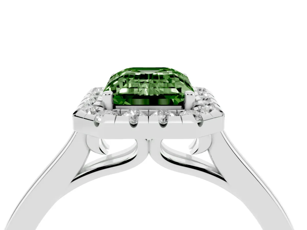 Fancy Green Emerald Cut Halo Round Diamond Solitaire Ring with Pavé Band and Four-Prong Setting Platinum