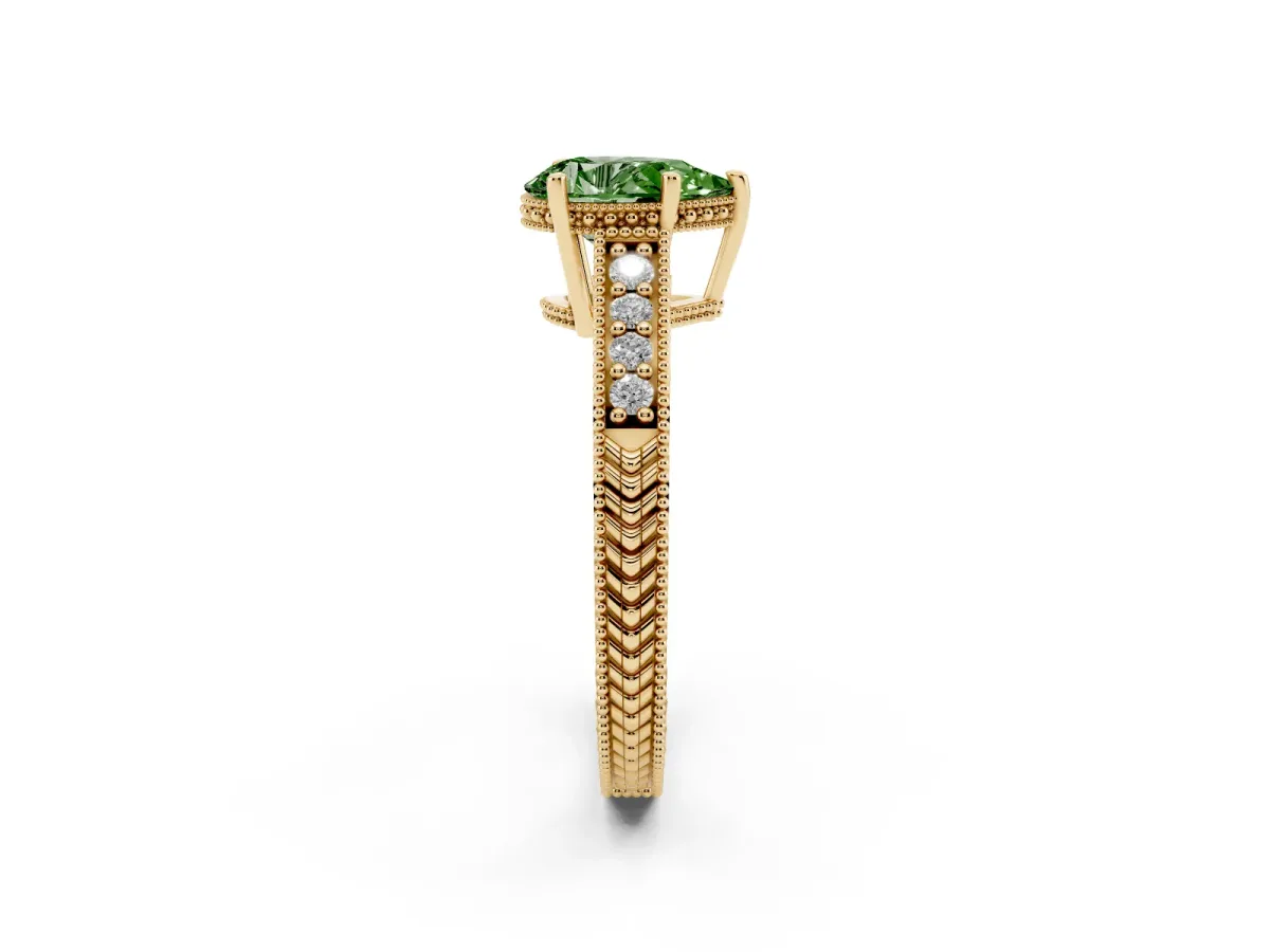 Fancy Green Pear Cut Solitaire Pavé Diamond Milgrain Engagement Ring with Four-Prong Setting Yellow gold