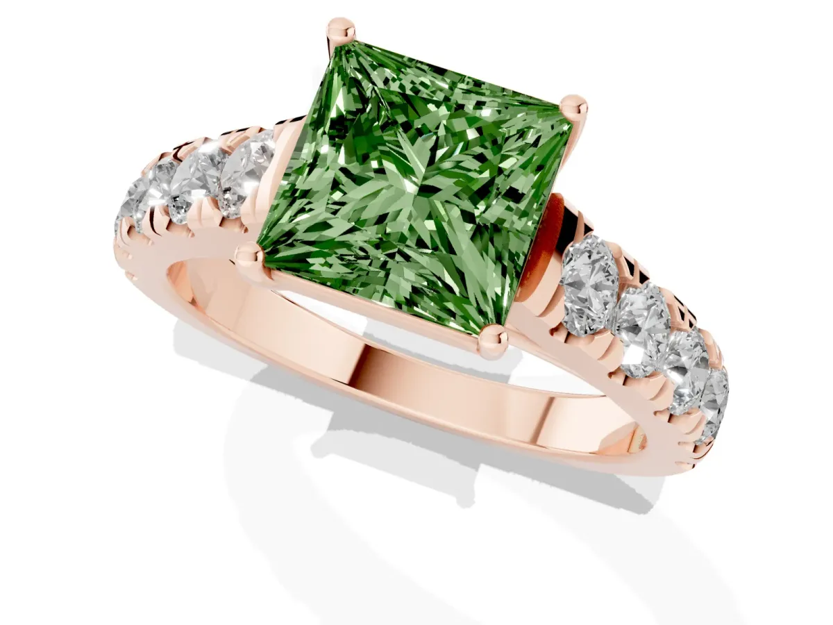 Fancy Green Princess Cut Cut Diamond Solitaire Ring with Micro Pave Band and Prong Setting Rose gold