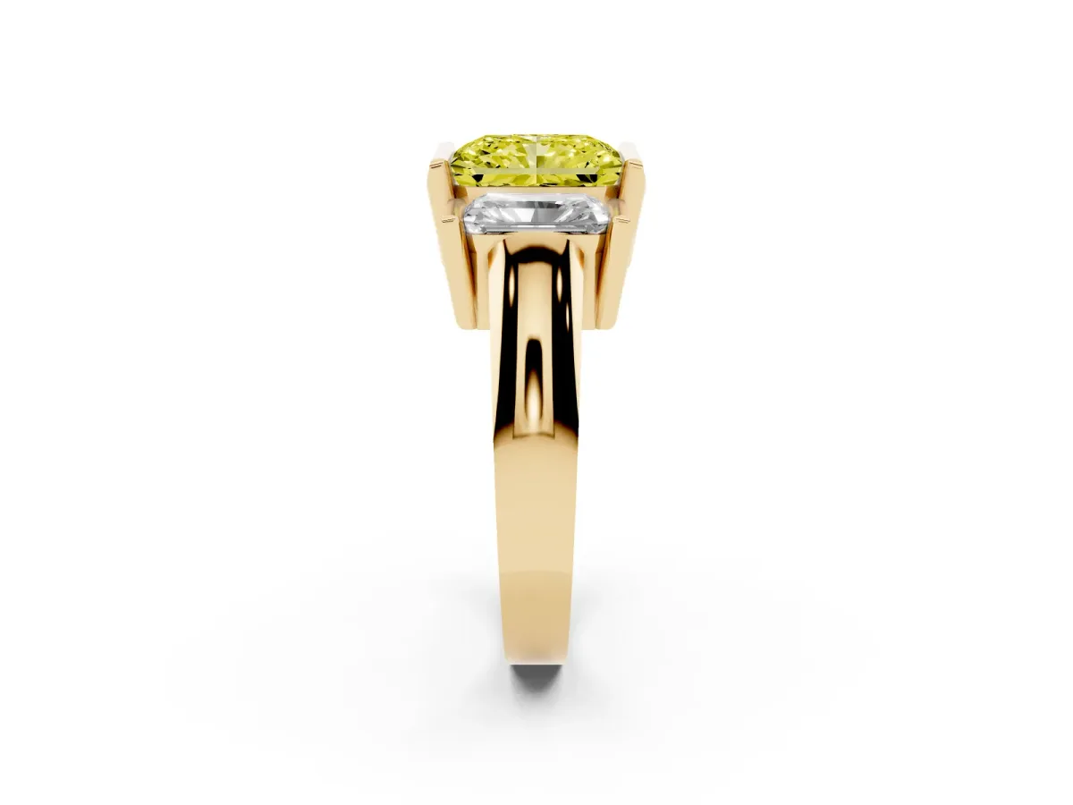 Fancy Yellow Three Stone Radiant Cut Cut Channel Set Diamond Ring Yellow gold