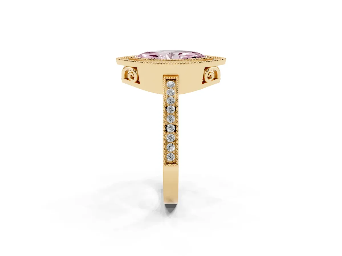Fancy Pink Marquise Cut Cut Halo Diamond Ring with Pavé Band and Milgrain Prong Setting Yellow gold
