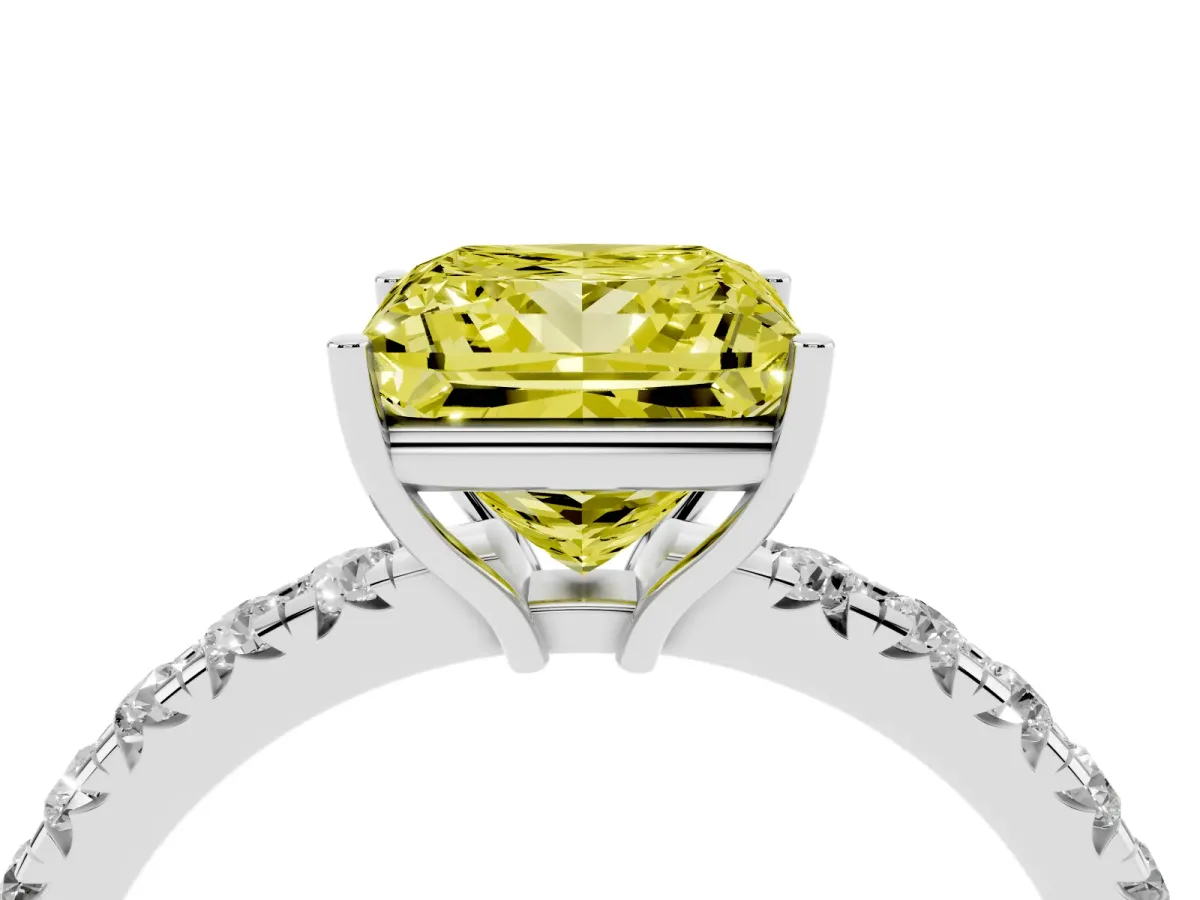 Fancy Yellow Princess Cut Diamond Pavé Solitaire Engagement Ring with Four-Prong Setting Silver