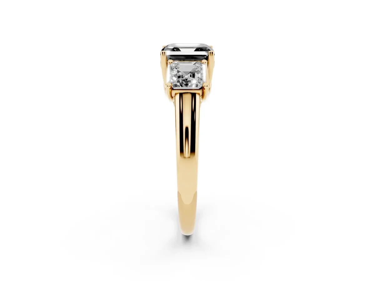 Fancy Black Three-Stone Asscher Cut Diamond Engagement Ring with Prong Setting Yellow gold