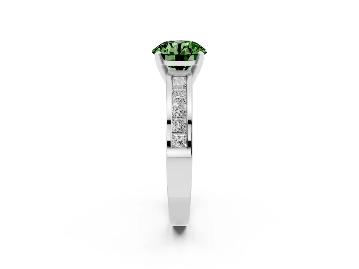 Fancy Green Round Cut Solitaire Diamond Ring with Channel-Set Band and Four-Prong Setting Silver