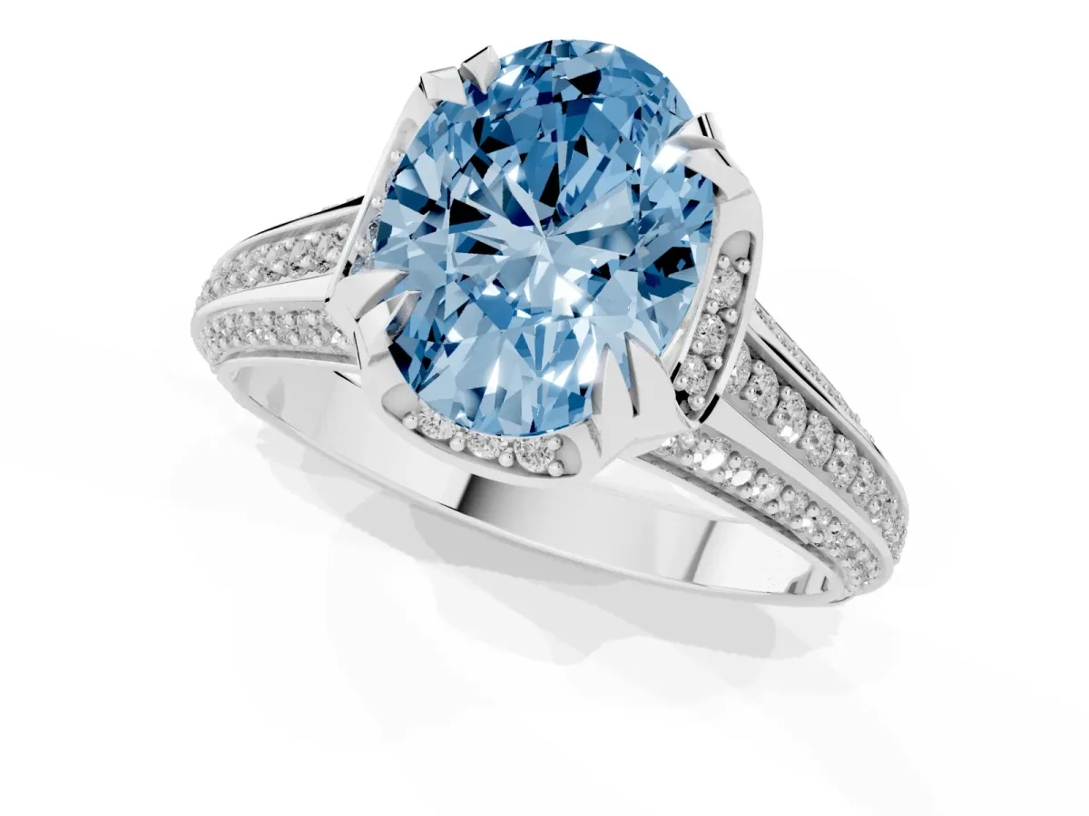 Fancy Blue Oval Cut Solitaire Pave Split Shank Ring with Four-Prong Setting White gold