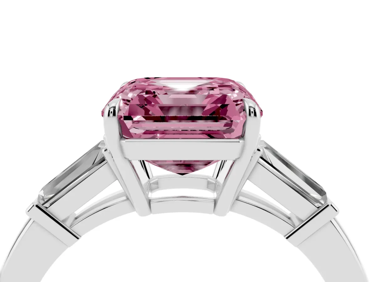 Fancy Pink Asscher Cut Diamond Three-Stone Ring with Tapered Baguette Side Stones and Prong Setting White gold