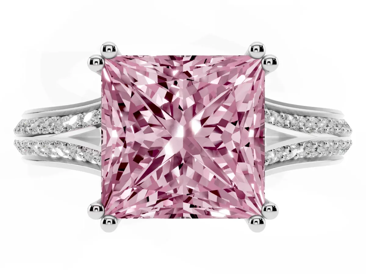 Fancy Pink Princess Cut Diamond Split Shank Engagement Ring with Pavé Band Platinum